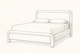 Pencil sketch of the Casacalenda bed with a mattress and two pillows, drawn from the same three-quarter view