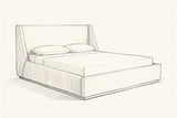 Pencil sketch of the Casoli winged bed with a mattress and two pillows, drawn from the same three-quarter view