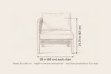 Castelbuono arm chair dimensions: each chair 26 in wide and 24.25 in high to the arm, 26 in deep