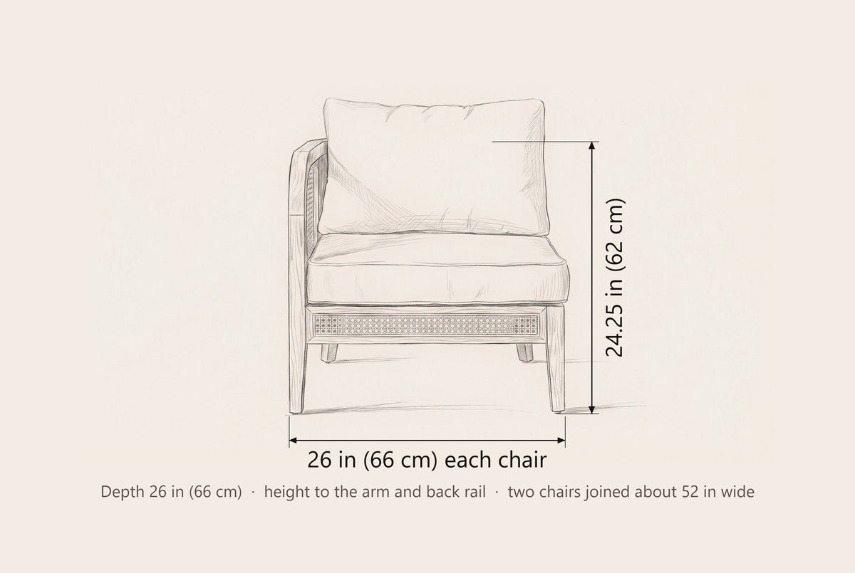 Castelbuono arm chair dimensions: each chair 26 in wide and 24.25 in high to the arm, 26 in deep