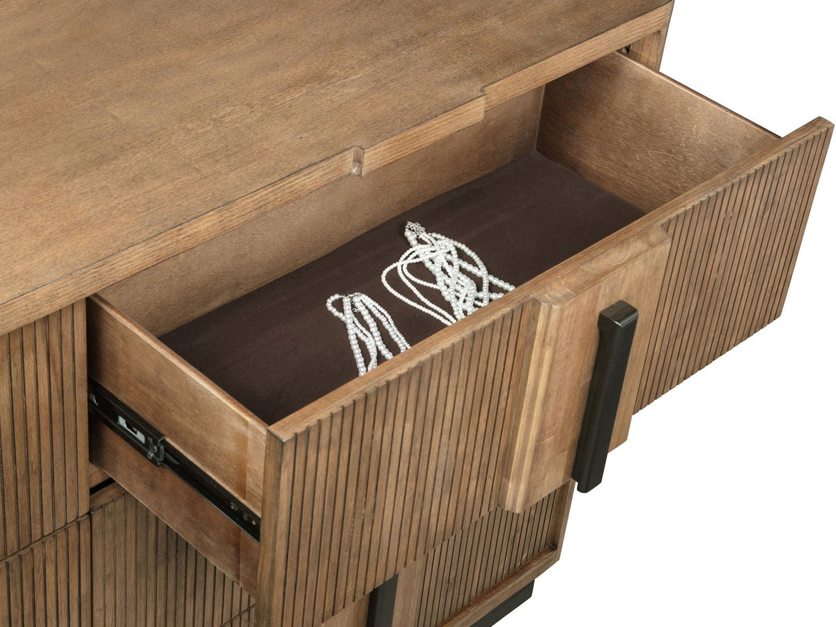 Close-up of the Castelfranco 65.5-Inch Ash Brown Reeded 6-Drawer Dresser: open