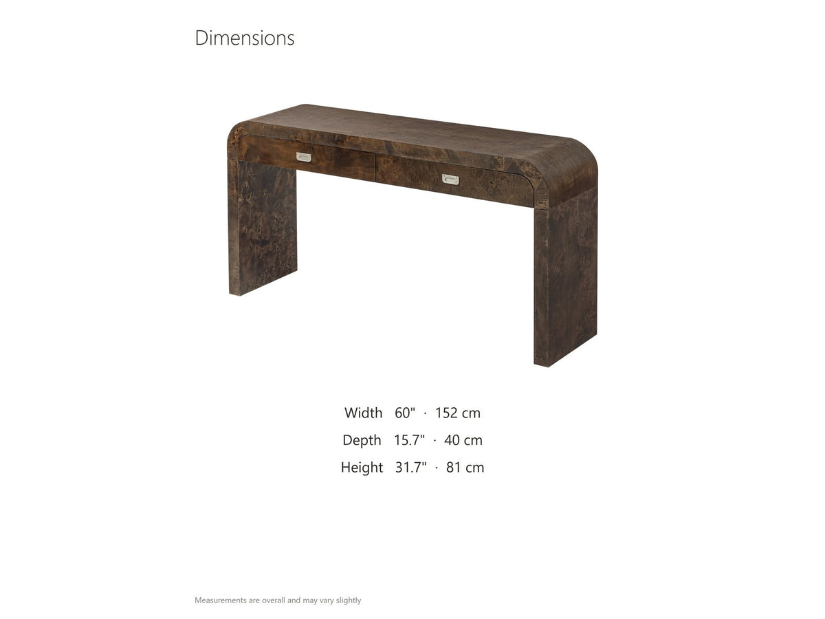 Castellana Burl Veneer Waterfall Console Table dimensions: 60.0 in wide, 15.7 in deep, 31.7 in high