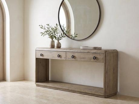 Castellaneta Knotty Oak Veneer Console Table under a round mirror in a travertine entryway