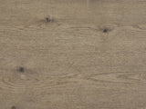 Close-up of the Castellaneta Knotty Oak Veneer Console Table: the weathered knotty oak grain of the top