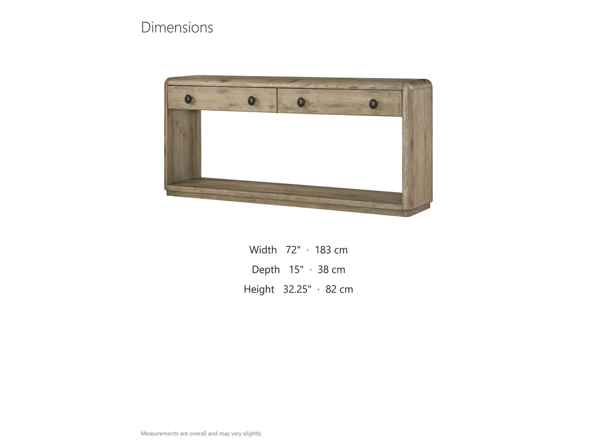 Castellaneta Knotty Oak Veneer Console Table dimensions: 72.0 in wide, 15.0 in deep, 32.25 in high
