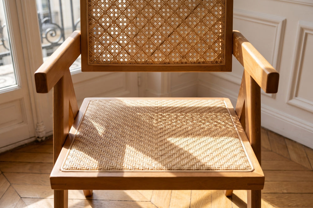 Close-up of the Caulonia Cane-Back A-Frame Wood Dining Chair (Set of 2): seat