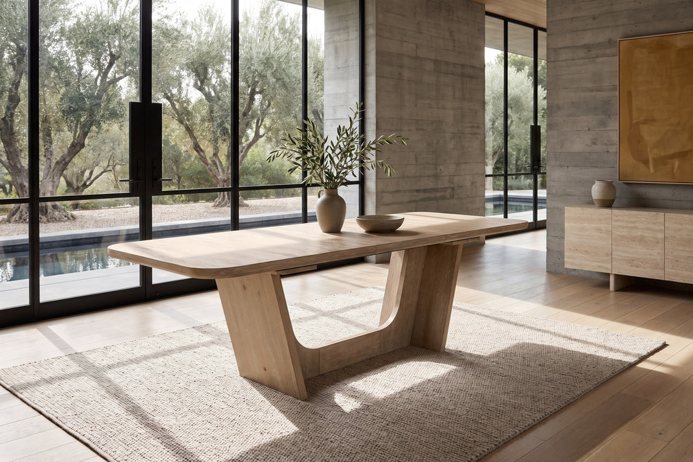 Cerchiara 74-94-Inch Extendable Rectangular Oak Veneer Dining Table in a sunlit villa dining room
