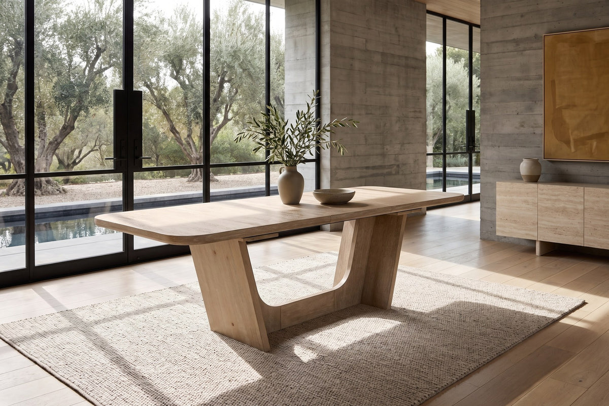 Cerchiara 74-94-Inch Extendable Rectangular Oak Veneer Dining Table in a sunlit villa dining room