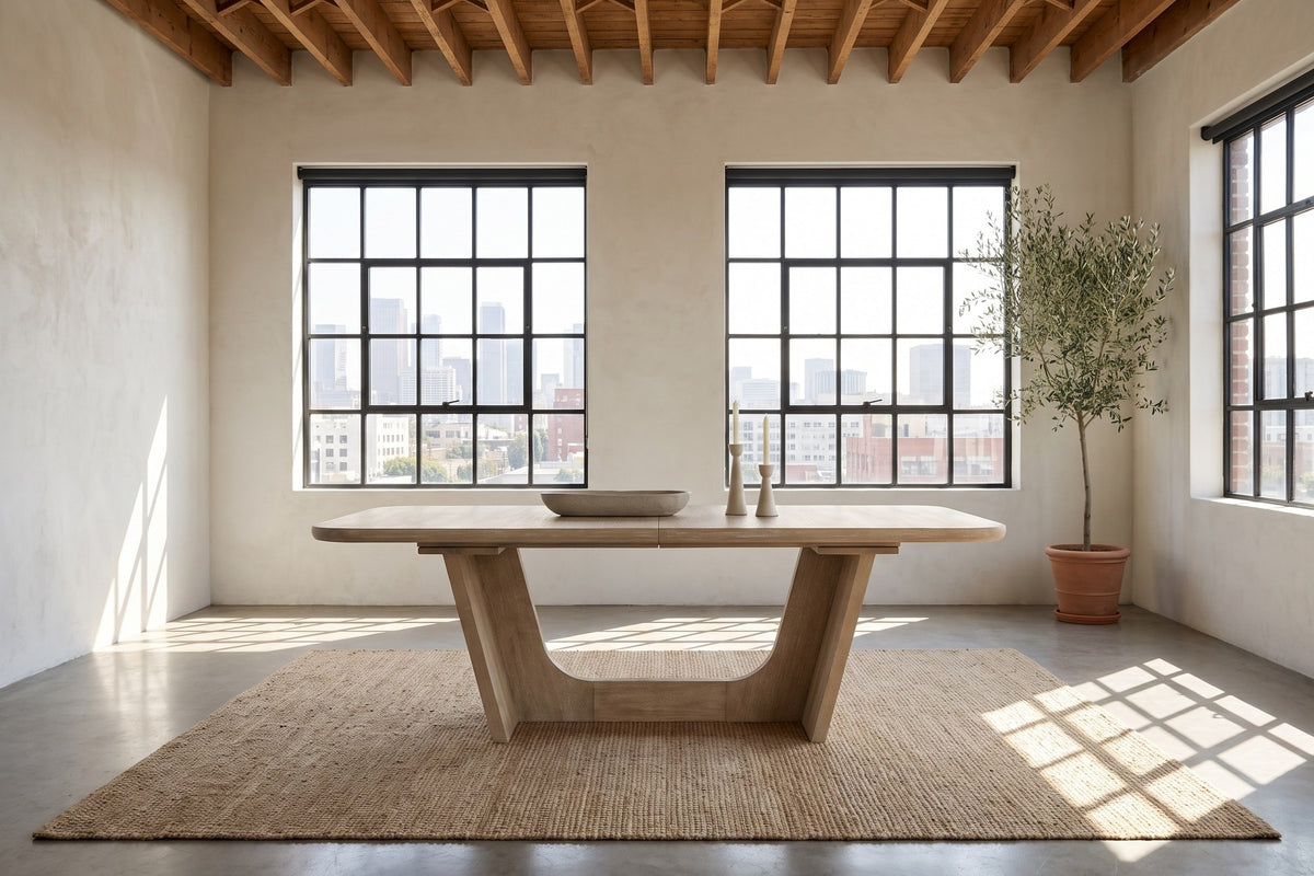 Cerchiara 74-94-Inch Extendable Rectangular Oak Veneer Dining Table in a city loft