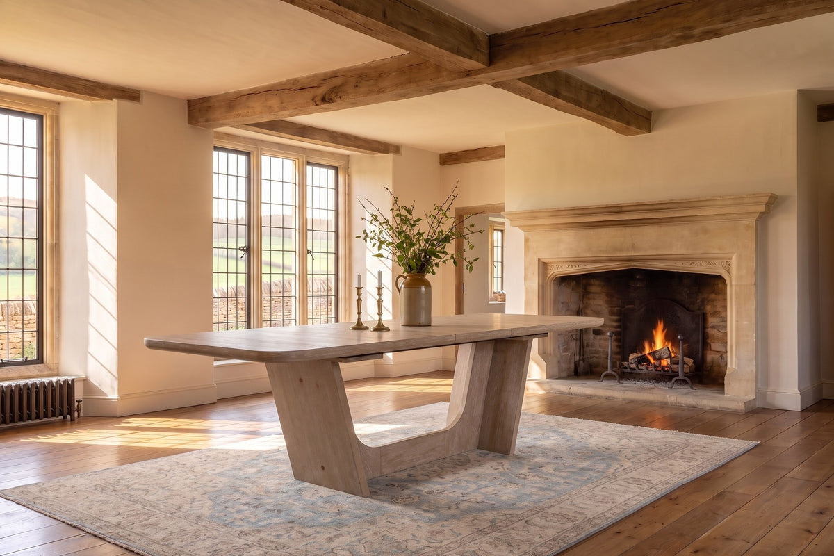 Cerchiara 74-94-Inch Extendable Rectangular Oak Veneer Dining Table in an English country dining room