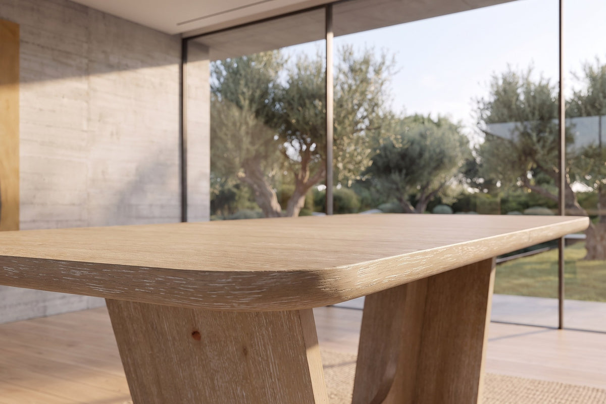 Close-up of the Cerchiara 74-94-Inch Extendable Rectangular Oak Veneer Dining Table: edge