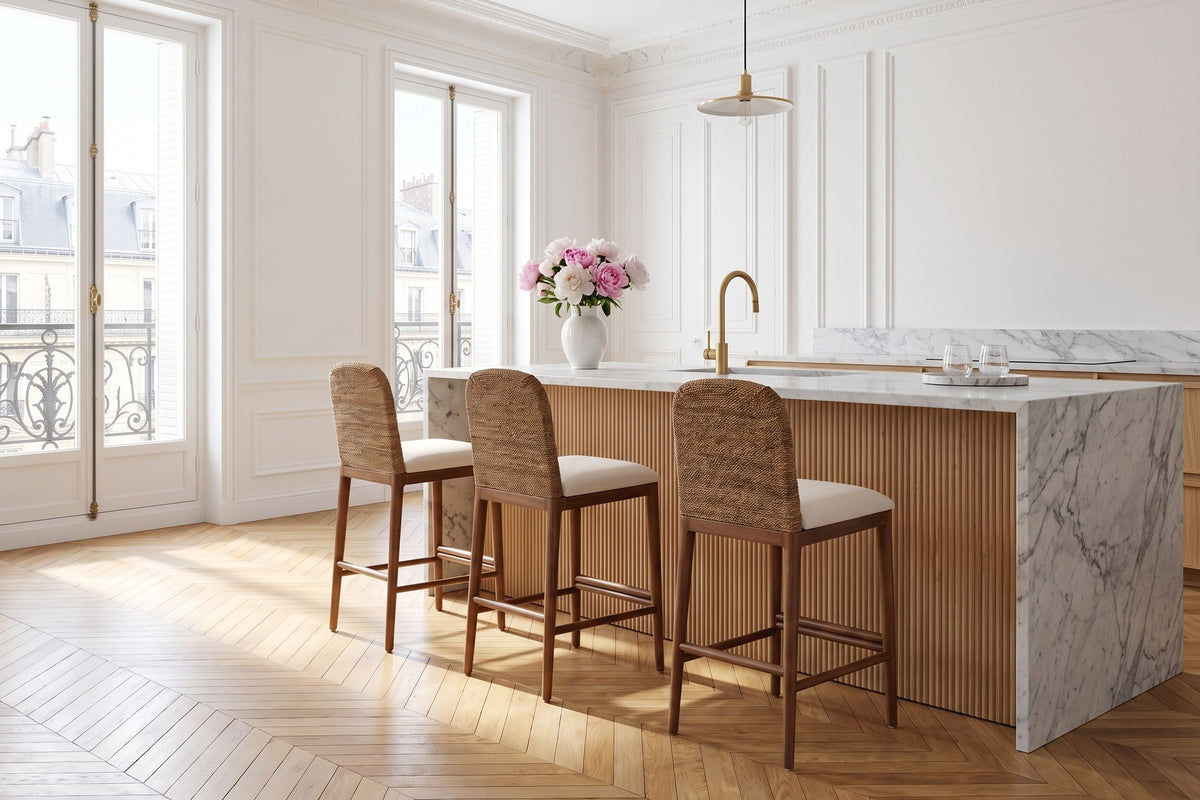 Cerisano Seagrass and Acacia Wood Counter Stool in a Paris salon