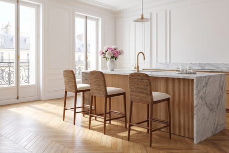Cerisano Seagrass and Acacia Wood Counter Stool in a Paris salon