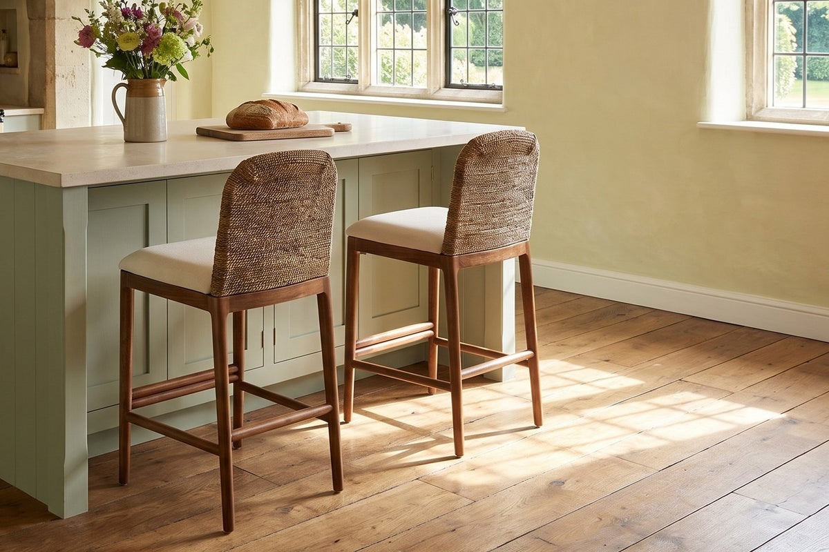 Cerisano Seagrass and Acacia Wood Counter Stool in an English country dining room