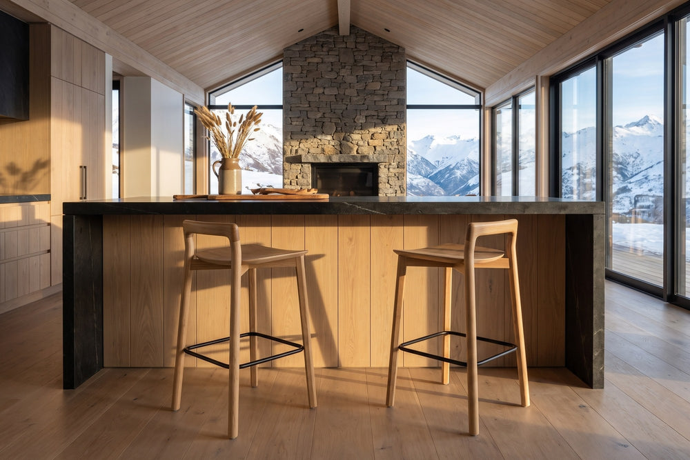 Cervicati 26.5-Inch Solid Ash Low-Back Counter Stool in an alpine chalet