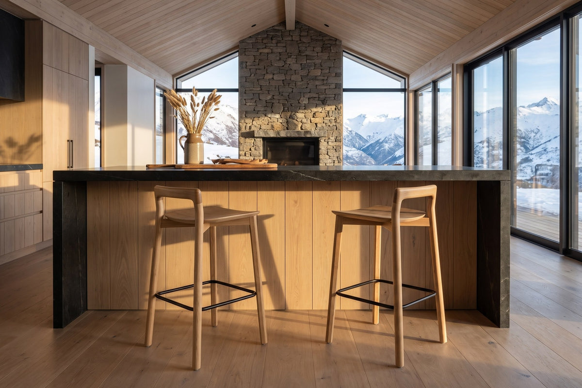 Cervicati 26.5-Inch Solid Ash Low-Back Counter Stool in an alpine chalet