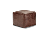 Cervo Distressed Brown Genuine Leather Square Pouf photographed on white from a front corner
