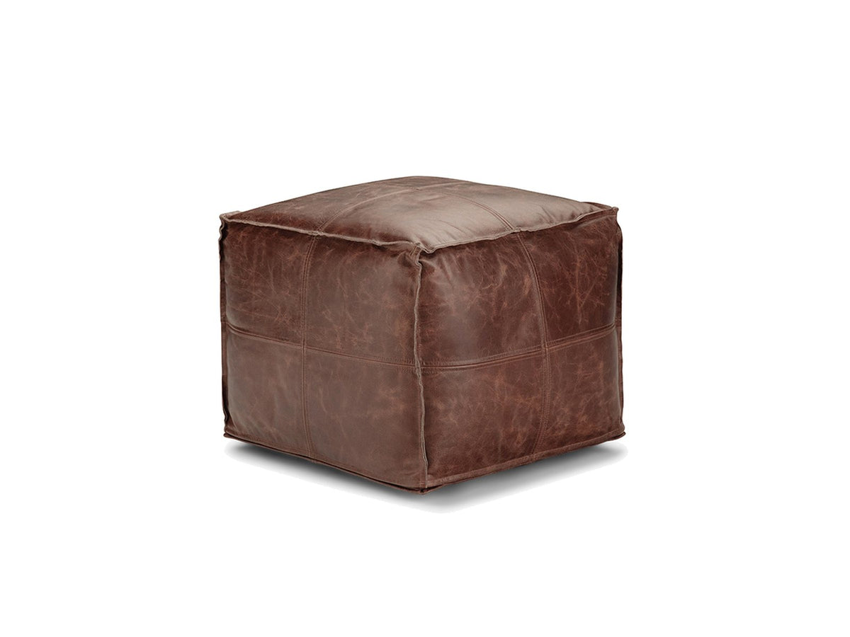 Cervo Distressed Brown Genuine Leather Square Pouf photographed on white from a front corner