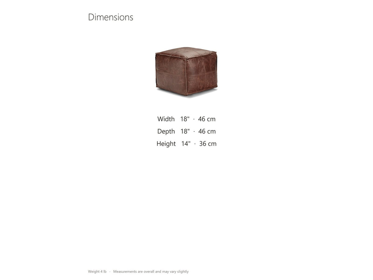 Cervo Distressed Brown Genuine Leather Square Pouf dimensions: 18.0 in wide, 18.0 in deep, 14.0 in high