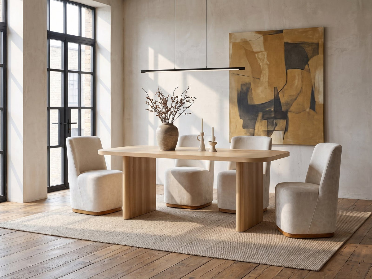Cetraro 68.75-Inch Fluted Leg Dining Set with 4 Upholstered Chairs in an industrial loft dining area
