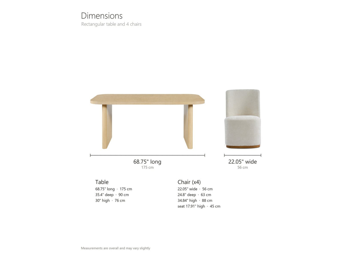 Cetraro 68.75-Inch Fluted Leg Dining Set with 4 Upholstered Chairs dimensions: table 68.75 in long, 35.4 in deep and 30 in high; each chair 22.05 in wide, 24.8 in deep and 34.84 in high, seat 17.91 in high
