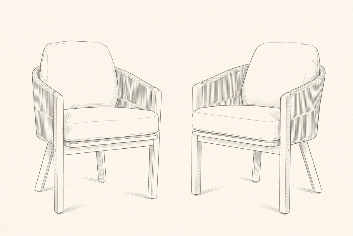 Pencil sketch of the two Chiaramonte dining armchairs, three-quarter view