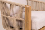 Close-up of the Chiaramonte chair: sand-beige rope strands, an acacia front post with a teak finish and a brass-colored bolt cap, and the light beige cushion fabric