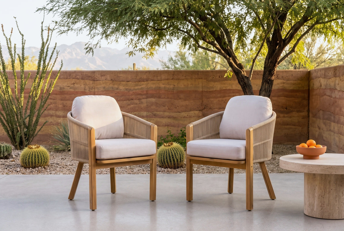Two Chiaramonte dining armchairs on a polished concrete patio, a banded rammed-earth wall, a mesquite tree and barrel cacti behind (side table not included)