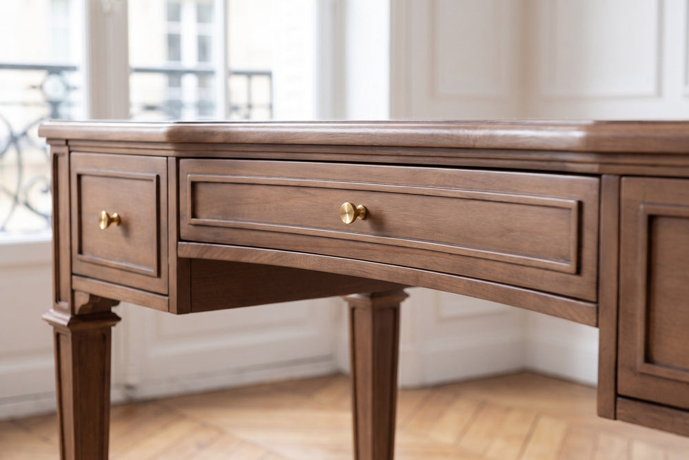 Close-up of the Chiaravalle 55-Inch 3-Drawer Rubberwood and Veneer Executive Desk: drawer