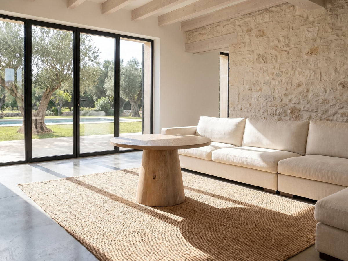 Chiavari Oak Veneer Round Pedestal Coffee Table seen from the side, on a jute rug in front of a linen sofa in a poolside villa
