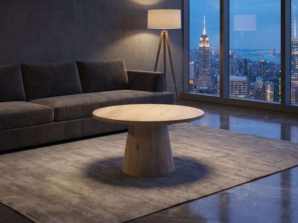 Chiavari Oak Veneer Round Pedestal Coffee Table on a wool rug in front of a velvet sofa in a city penthouse at blue hour