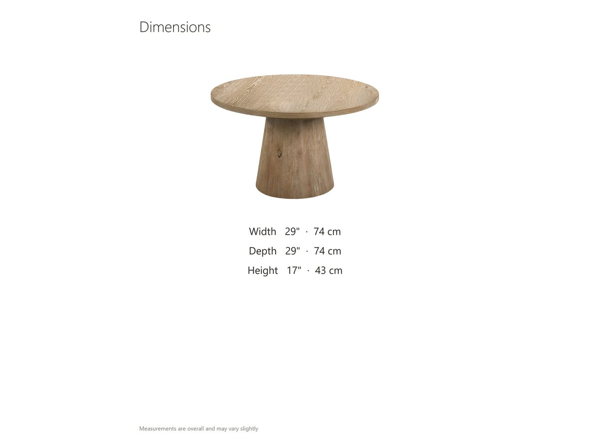 Chiavari Oak Veneer Round Pedestal Coffee Table dimensions: 29.0 in wide, 29.0 in deep, 17.0 in high