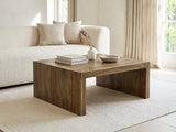 Chieri 34-Inch Square Solid Sheesham Waterfall Coffee Table styled with books, a vase and a stone bowl in front of a cream sofa in a bright plaster room
