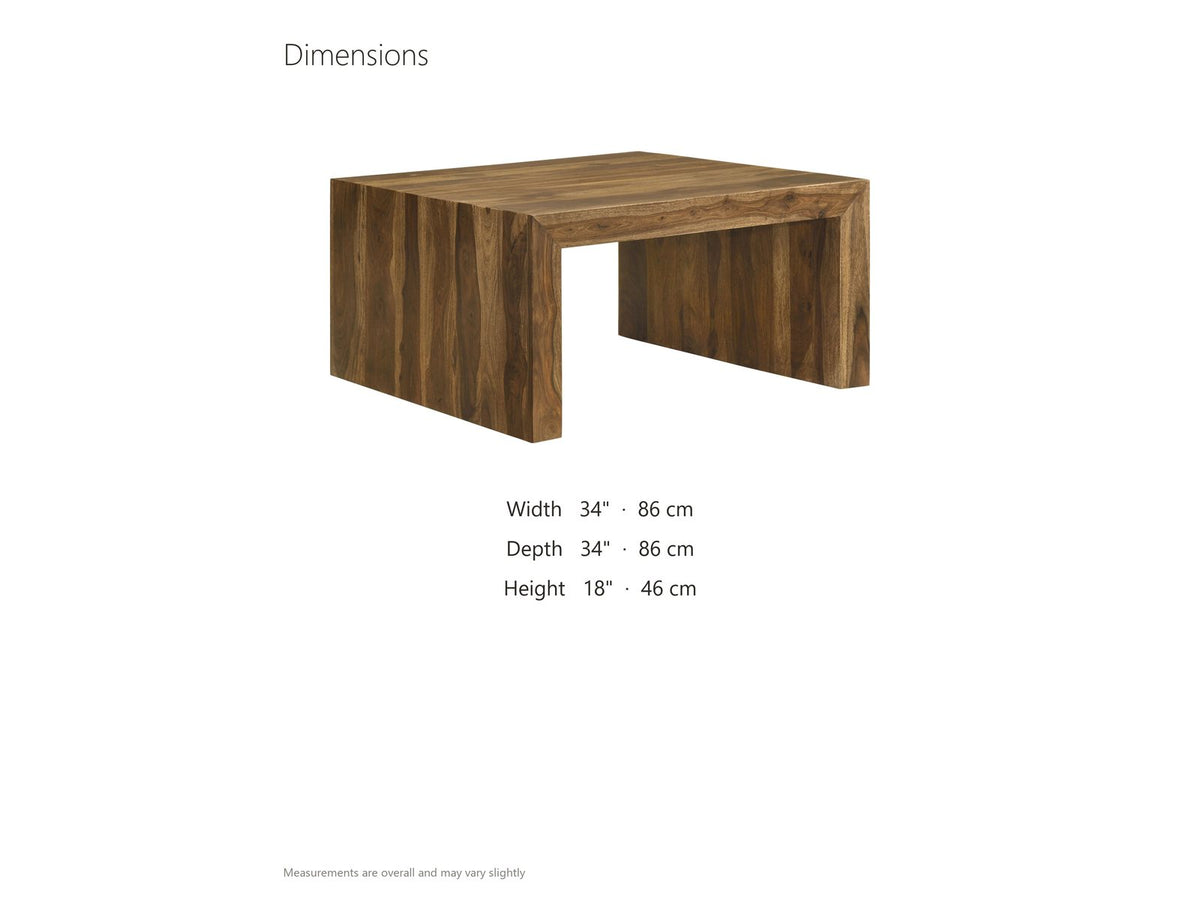 Chieri 34-Inch Square Solid Sheesham Waterfall Coffee Table dimensions: 34.0 in wide, 34.0 in deep, 18.0 in high