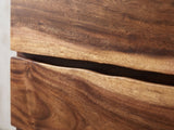 Close-up of the Chioggia 64-Inch Smokey Walnut 6-Drawer Dresser: the wavy live edge between two drawers over a dark reveal