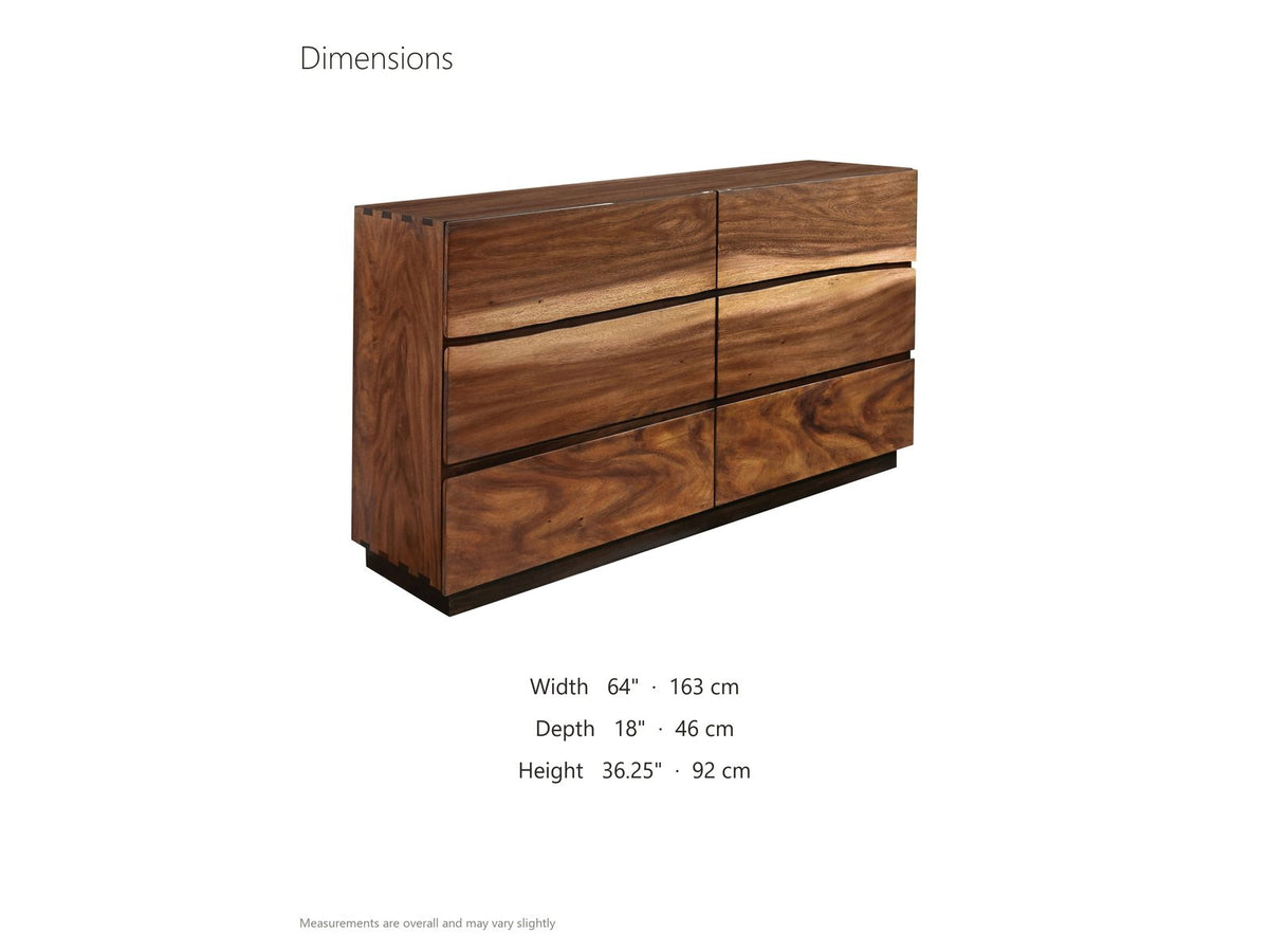 Chioggia 64-Inch Smokey Walnut 6-Drawer Dresser dimensions: 64.0 in wide, 18.0 in deep, 36.25 in high