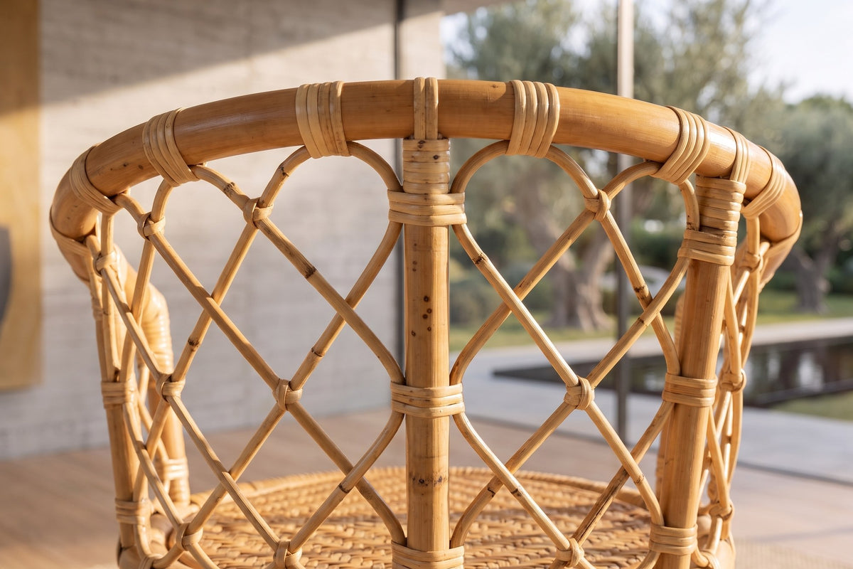 Close-up of the Cicala Natural Rattan Lattice-Back Bar Stool: lattice