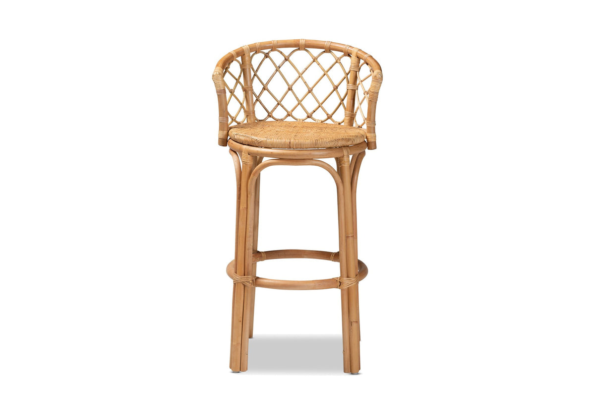 Cicala Natural Rattan Lattice-Back Bar Stool, front view