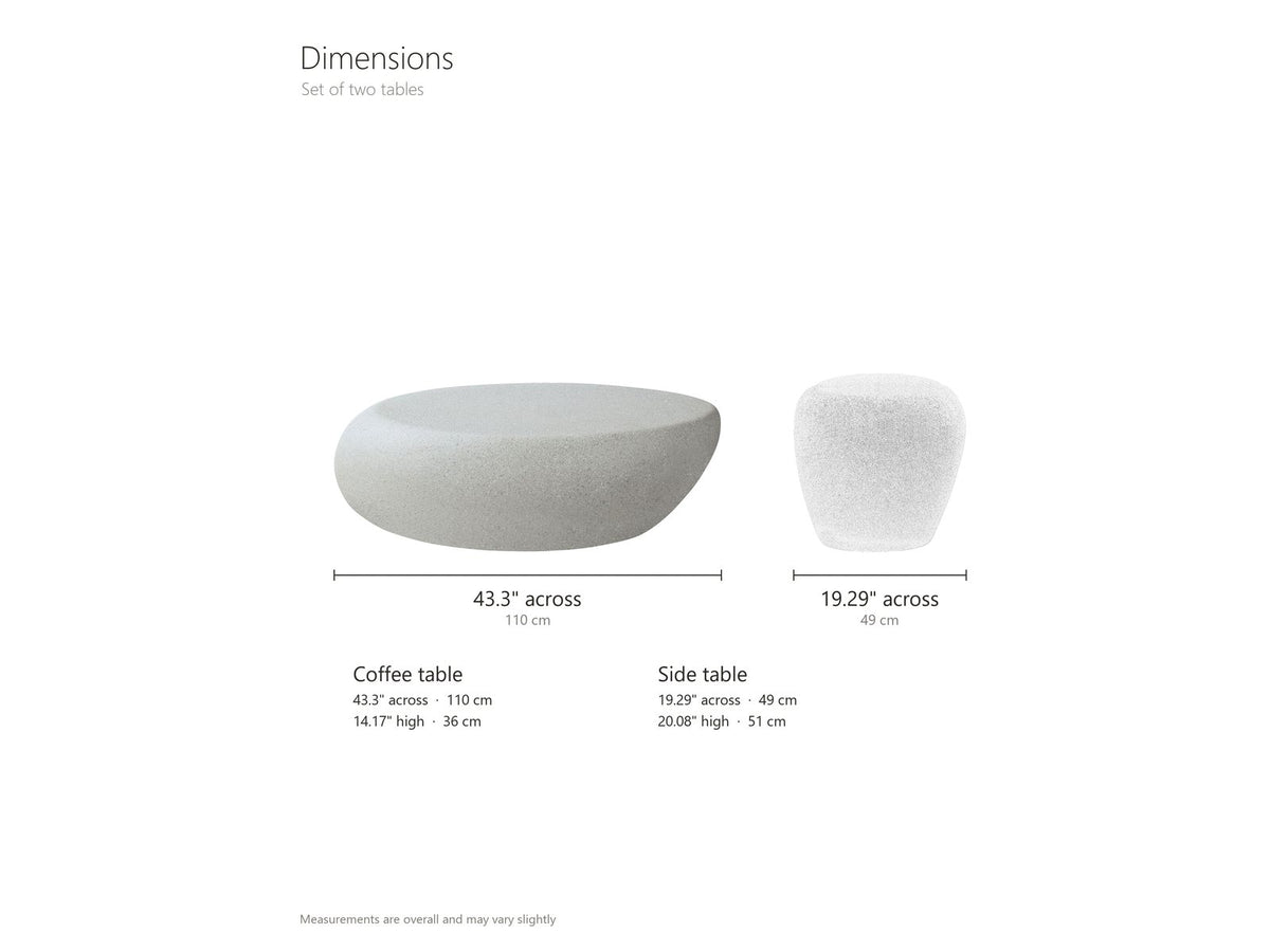 Cilento Grey Fiberglass Pebble Coffee Table and Side Table Set dimensions: coffee table 43.3 in long, 32.67 in deep and 14.17 in high; side table 19.29 in across at its widest and 20.08 in high