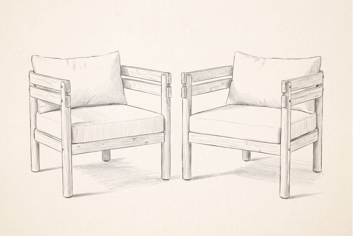 Pencil sketch of the pair of Cinisi club chairs, three-quarter view