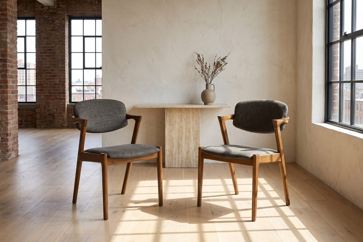 Cirella Mid-Century Z-Frame Walnut Finish Fabric Dining Chair (Set of 2) in a city loft