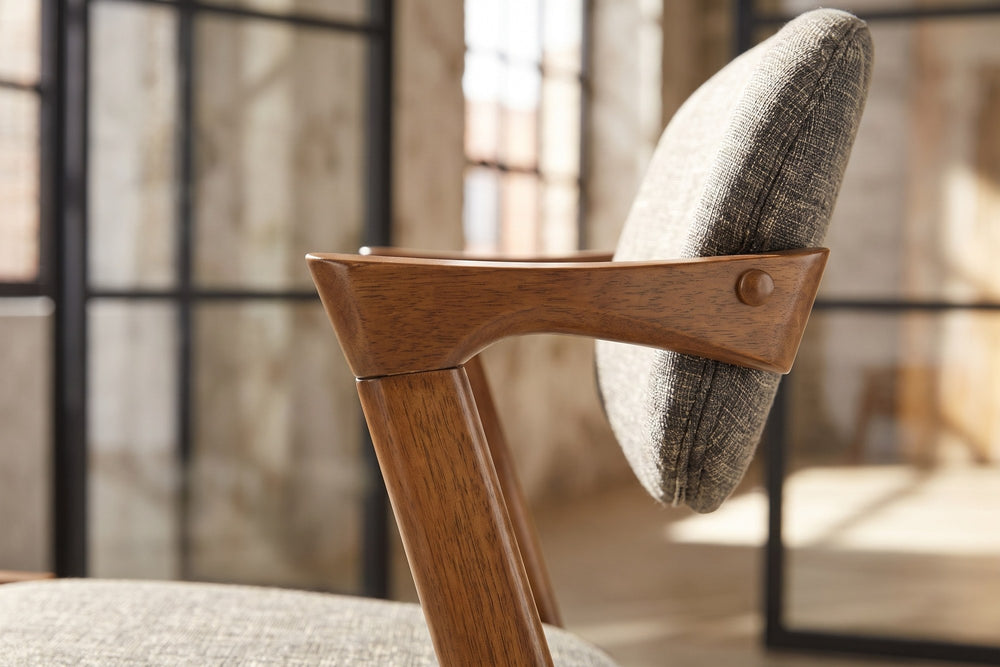 Close-up of the Cirella Mid-Century Z-Frame Walnut Finish Fabric Dining Chair (Set of 2): arm