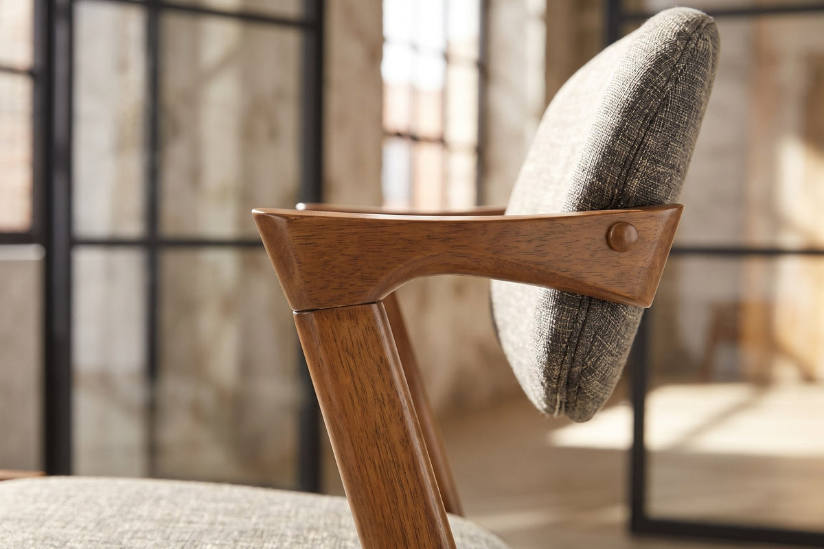 Close-up of the Cirella Mid-Century Z-Frame Walnut Finish Fabric Dining Chair (Set of 2): arm