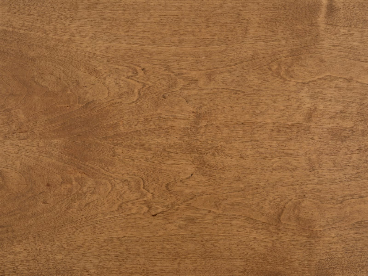 Close-up of the Cisternino 59-Inch Pecan Birch Veneer and Cane Media Console: the stained birch veneer top with its soft natural figure