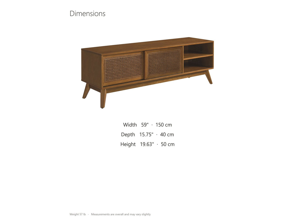 Cisternino 59-Inch Pecan Birch Veneer and Cane Media Console dimensions: 59 in wide, 15.75 in deep, 19.63 in high