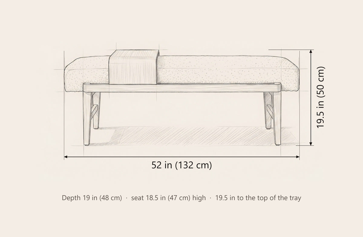 Citerna bench dimensions: 52 in long, 19.5 in high to the top of the tray, 19 in deep