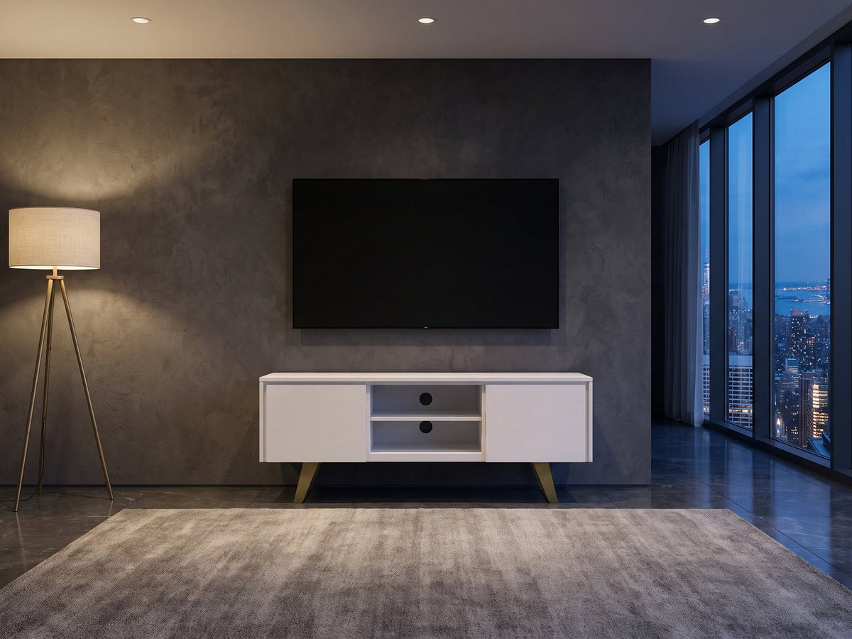 Cittadella White Media Console under a wall-mounted screen in a city penthouse at blue hour