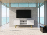 Cittadella White Media Console under a wall-mounted screen in an oceanfront glass house