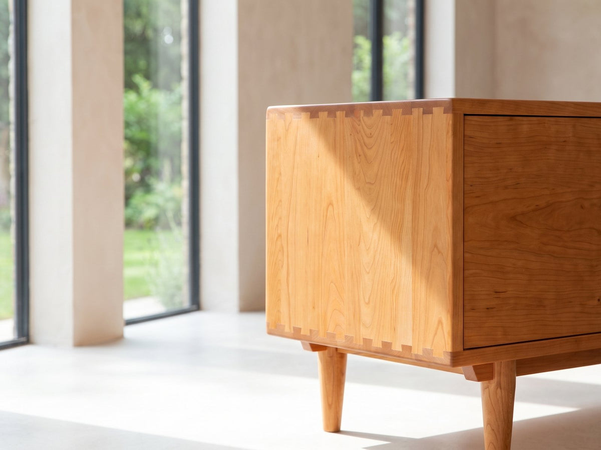 Close-up of the Cividale Solid Cherry Media Console: the dovetailed corner joint of the solid cherry case and the round tapered leg below it
