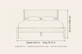 Civitella bed dimensions: Queen 63.4 in and King 79.13 in wide, 42.52 in high, 84.72 in long, headboard panel 22.44 in high, rails 9.45 in off the floor